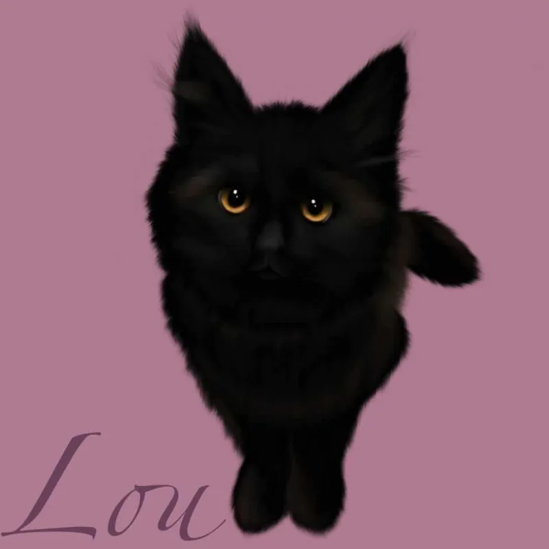 Digital portrait of Lou, a fluffy black cat, on a mauve background